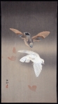 Two Pigeons in Flight, Between Falling Ginkgo Leaves-sold